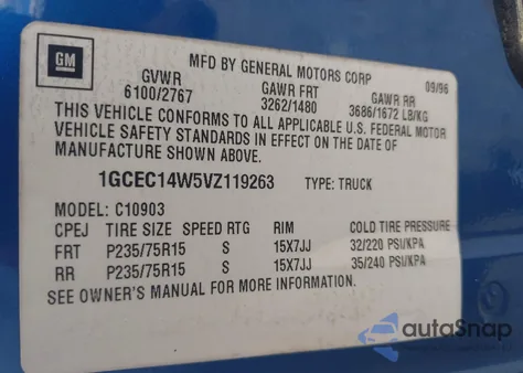 1997 Chevrolet C1500 Fleetside W/T из США, поврежденный, VIN 1GCEC14W5VZ119263